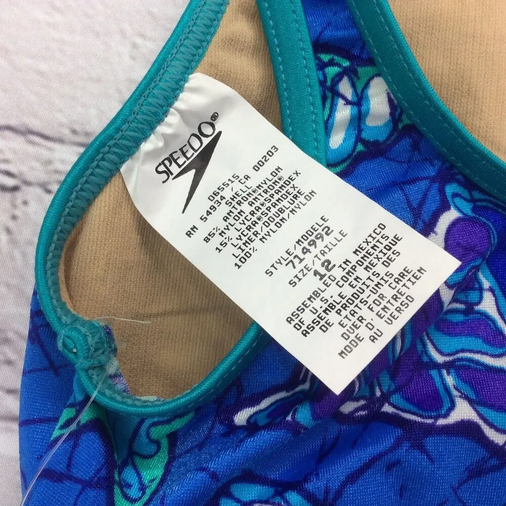 Speedo Girls Bikini Swim Top Sz 12 Crop Blue & Green Ocean Beach Print Bralette